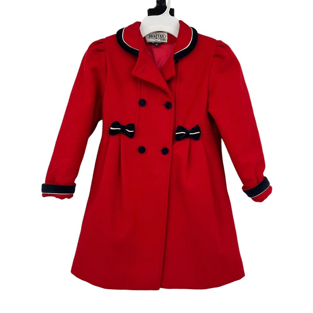 Vintage Braetan Kids Red Girl's‎ Wool Coat Navy Velvet Trim Lined Size 6x